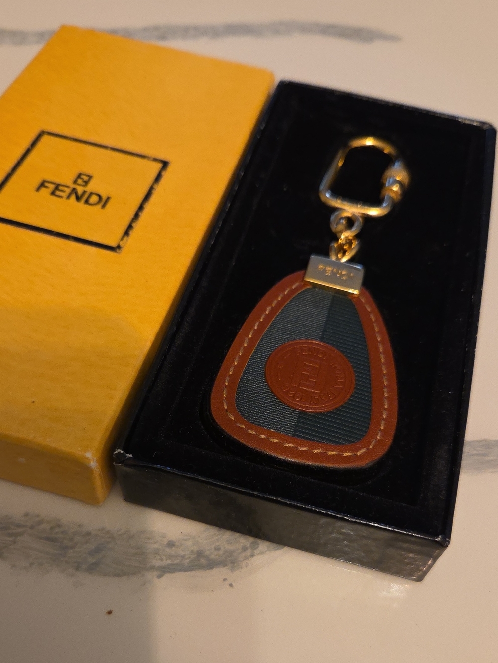 Fendi Brown Leather & Blue Fabric Key Holder with Gold Hardware